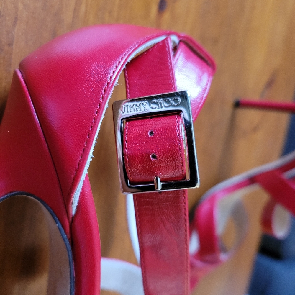 Jimmy Choo Red Leather Lottie Sandal Heels Size 38.5 Or US 8 - Picture 3 of 11